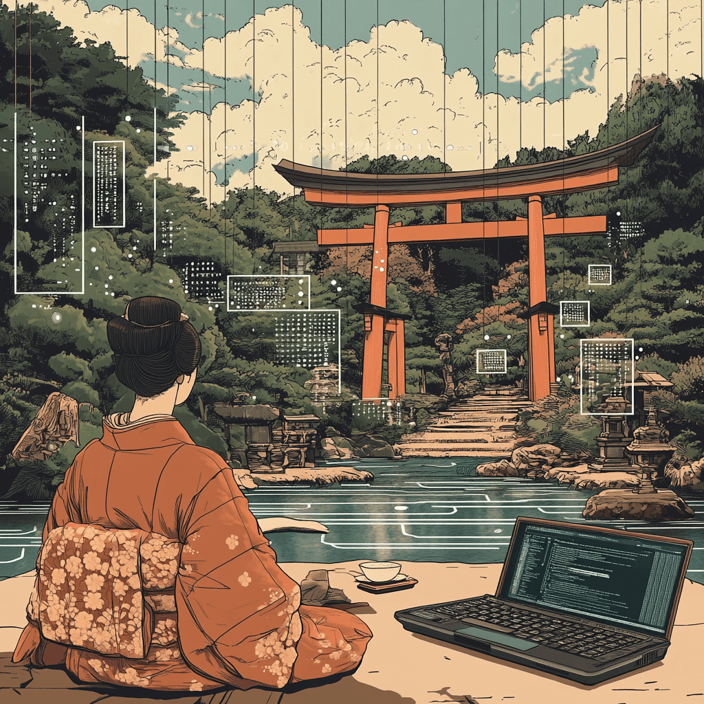 Lady with laptop torii gate